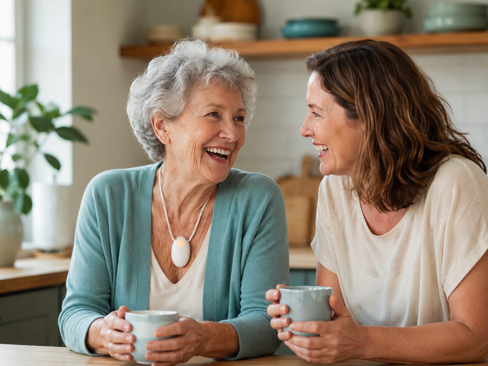 Margaret and her daughter Anne laughing over coffee in the kitchen, Margaret wearing her EvoCoach pendant.