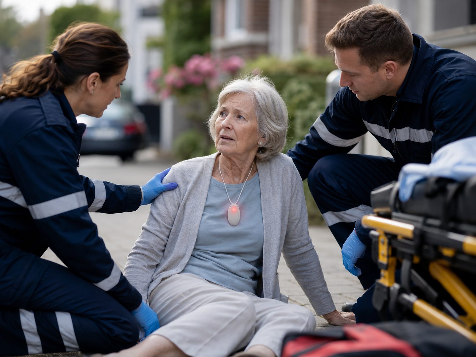 Paramedics helping an older woman who has fallen outdoors; her EvoCoach pendant glows red in alert mode.