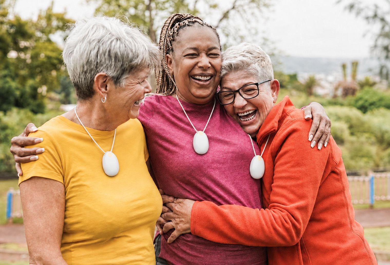 Three friends laughing together in a park, arms around each other, each wearing a white EvoCoach pendant.