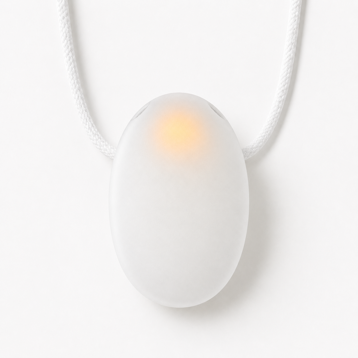 The EvoCoach pendant — a smooth white oval with a soft warm glow, on a woven cord.