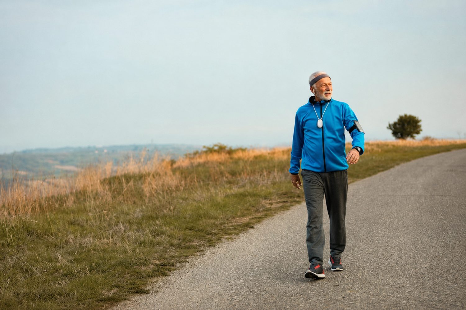 A senior man power-walking outdoors wearing his EvoCoach pendant, phone in his armband — it goes wherever he goes.